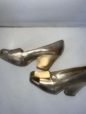Yves Saint Laurent Dada Metallic Gold Peep Toe Semi-Wedge Pumps Size 39